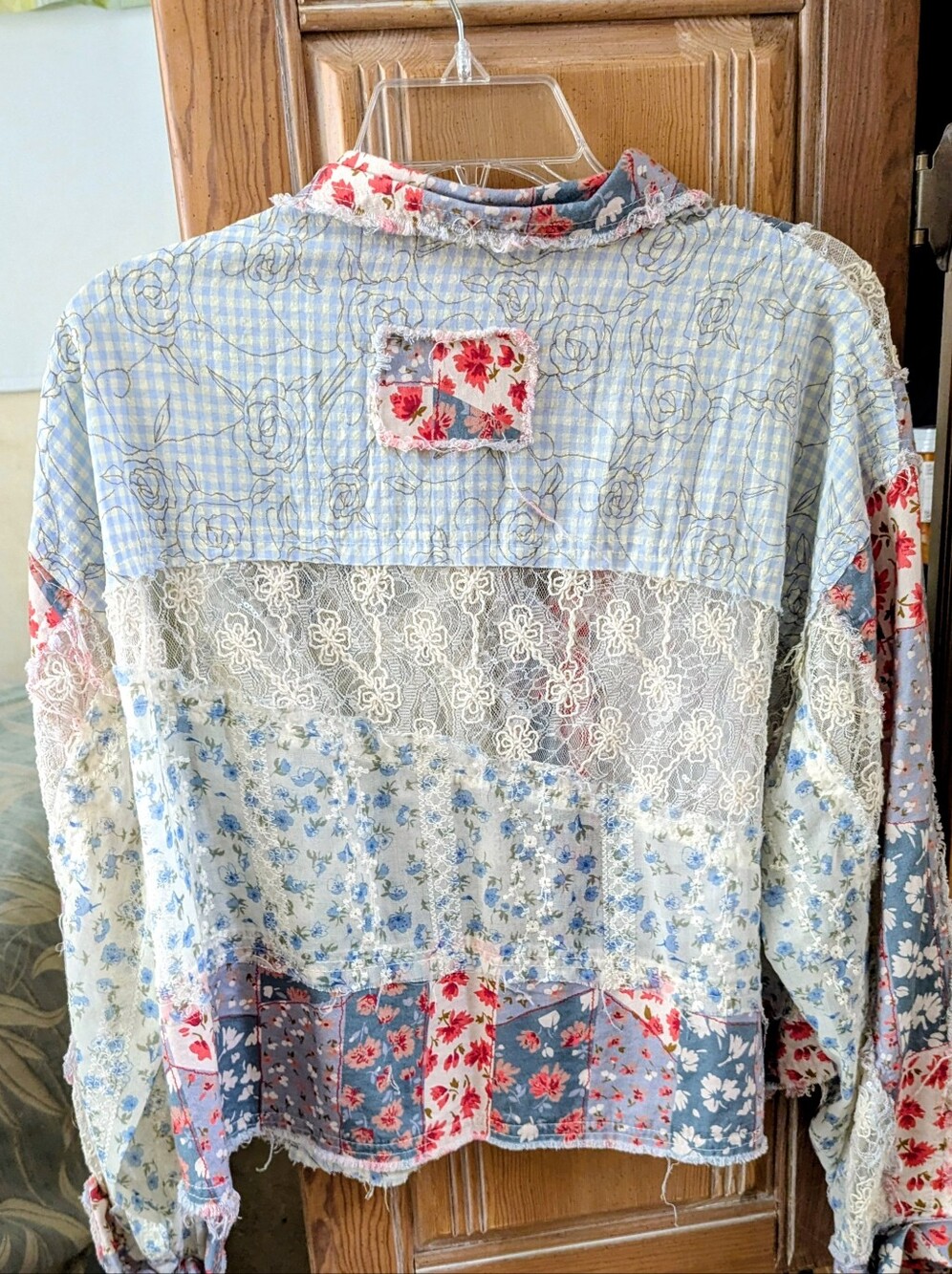 POL Patchwork Floral Button-Down Shirt in Blue, White, Red - Picture 2 of 3